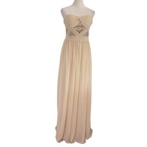 Gianni Bini Long Chiffon Gown Size M Champagne w Gold Sequins Strapless Prom